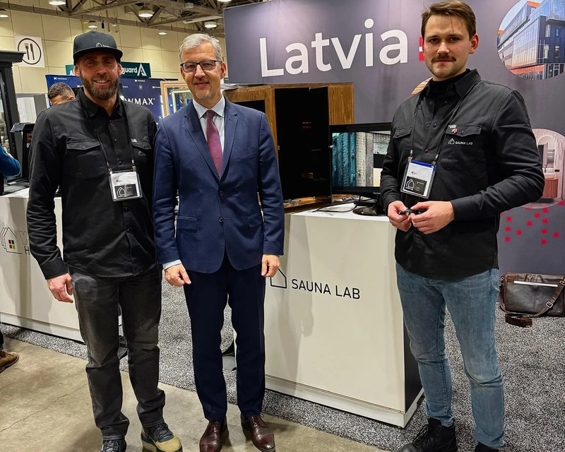 Latvian ambassador to Canada visits national stand at The Buildings Show 2024, Toronto.